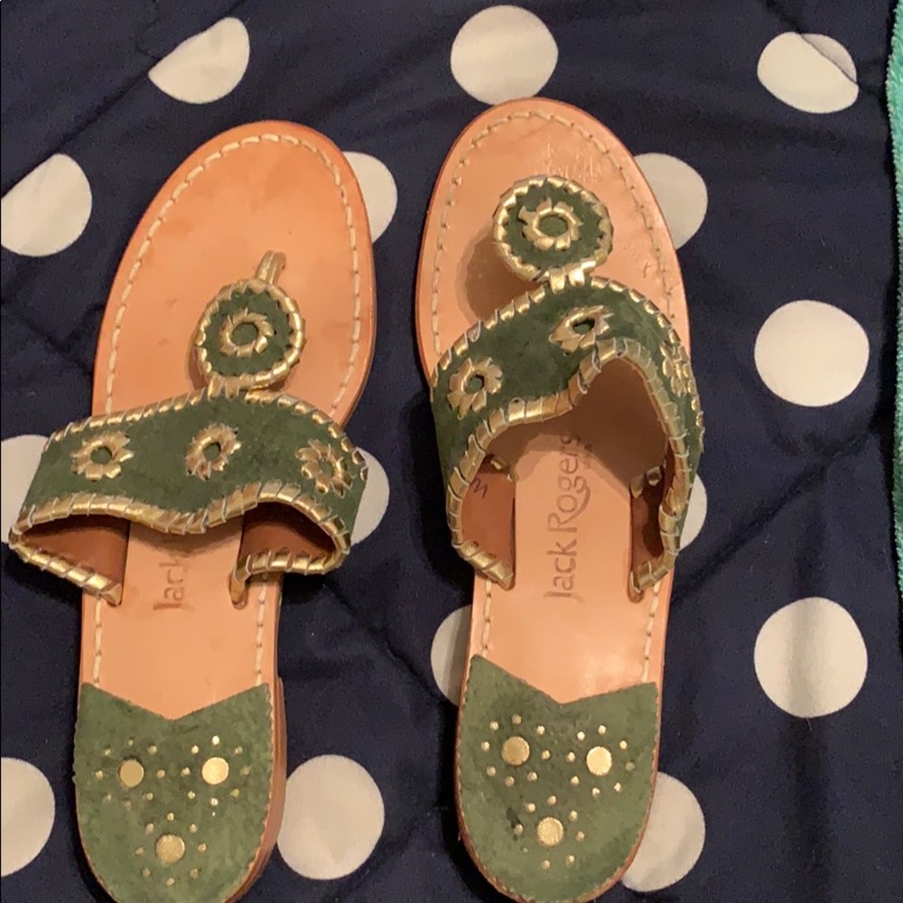 Olive green and gold jack rogers